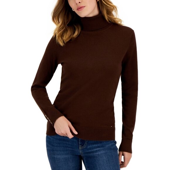 Tommy Hilfiger Women Button-Cuff Turtleneck Stella Sweater Size S Brown MSRP $70 - Picture 1 of 1